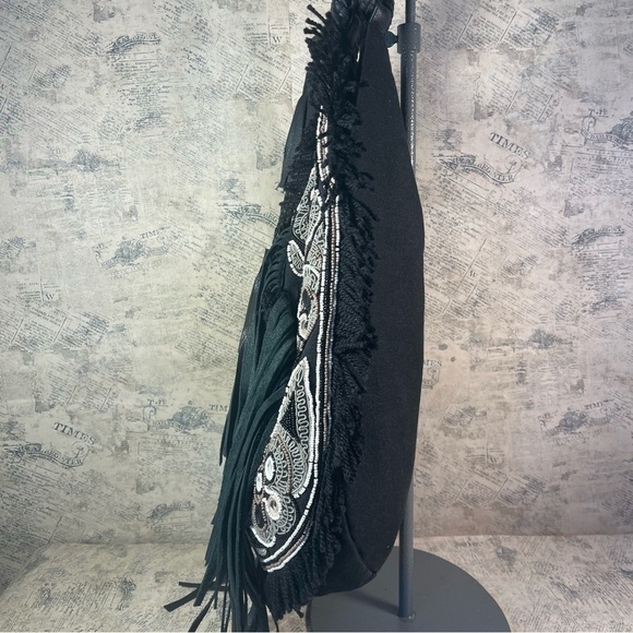 Anthropologie IbBAN LTR Emb. Beaded Fringe Black Linen Bohemian Bag - Picture 7 of 14